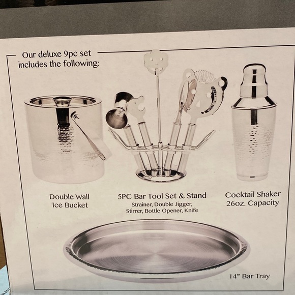 πHPπNIB 9PC Godinger Stainless Steel Ice Bucket Bar Tool Cocktail Shaker Tray - Picture 2 of 7